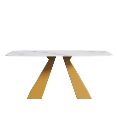 Table de salle à manger blanche moderne 69,11 po avec plateau en pierre frittée et pieds en métal doré, convient à 6 à 8 personnes, table To Burns Stains, construction, 6 à 8 po, facile à entretenir