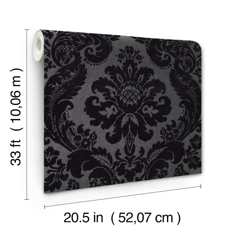 Shadow Black Flocked Damask Wallpaper, Black