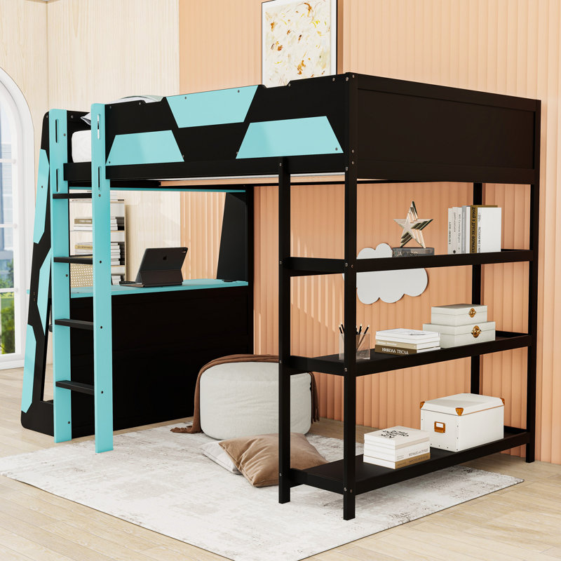 Lit mezzanine double avec bureau latéral, éclairage à DEL et tablettes de rangement, Noir / Bleu