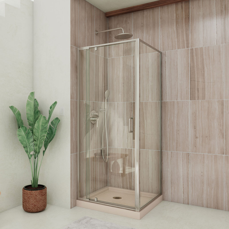 Flex 32" x 74.75" Square Pivot Shower Enclosure with Base Included, Biscuit, Brushed Nickel