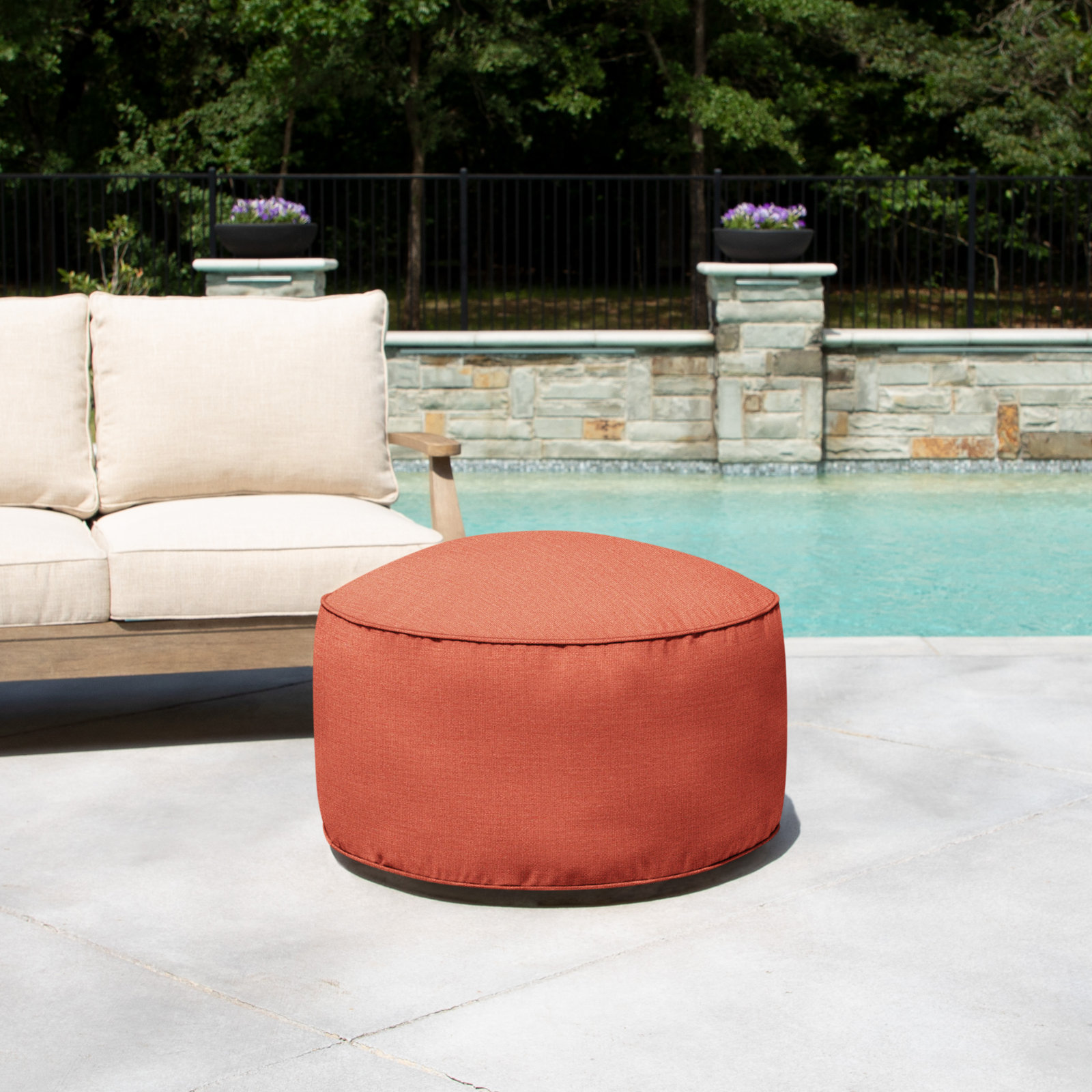 Demi Round Upholstered Outdoor Ottoman with Sunbrella® Cushion, Canvas Persimmon Sunbrella® Canvas