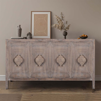 Carved Flower Door Handle Four Door Cabinet for Elegant Living Room, Kitchen, and Hallway Storage by Bungalow Rose