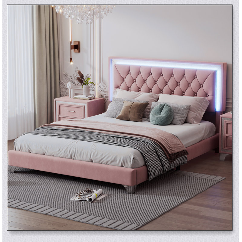 Structure de lit tapissier avec lumières DEL, lit plateforme en velours moderne avec tête de lit capitonnée en cristal, Rose