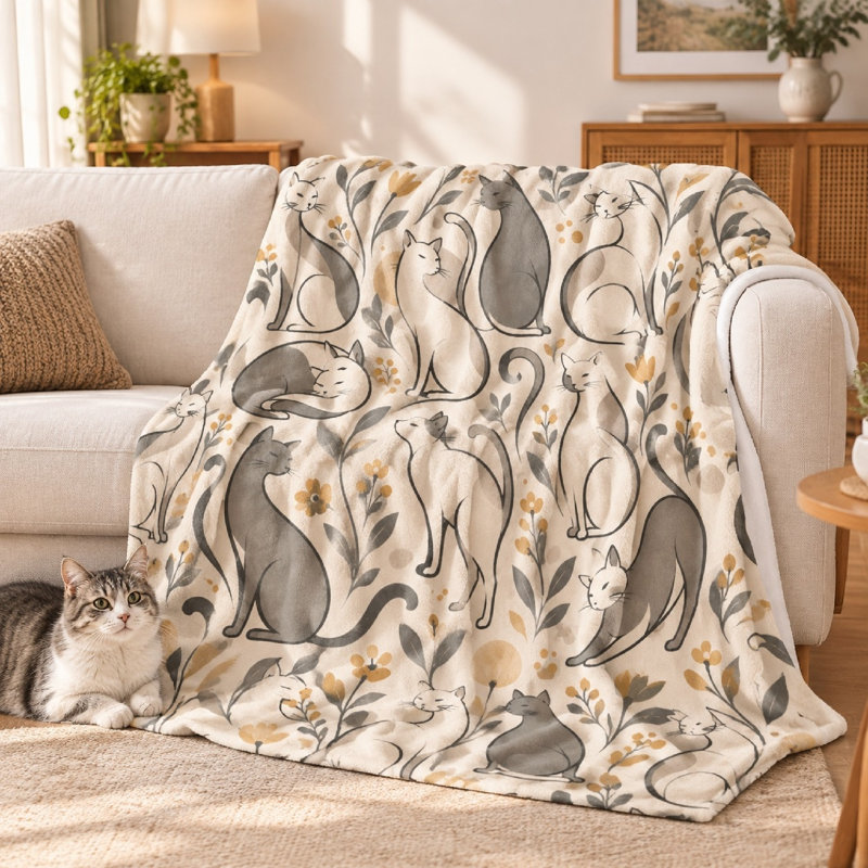 1Pcs Cute Cat Pattern Fleece Blanket - Artistic Design;Single-Sided PrintCozy and WarmMachine WashablePerfect for Living Room Bedroom DecorGreat Gifting. Bedding and sofa items