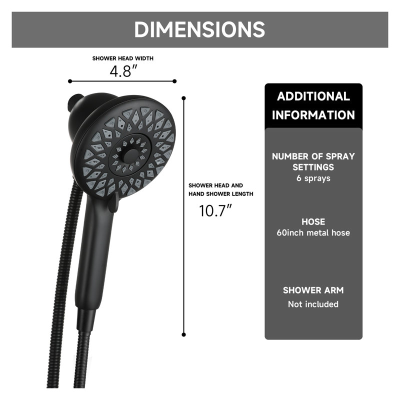Pomme de douche à main haute pression noir mat avec station d'accueil magnétique et 6 réglages de jet