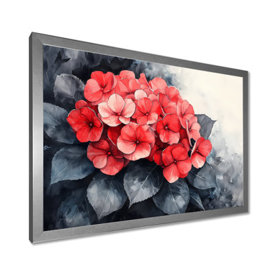 Monochrome Hydrangeas With Bold Red Accent II - Hydrangea Wall Art for Living Room