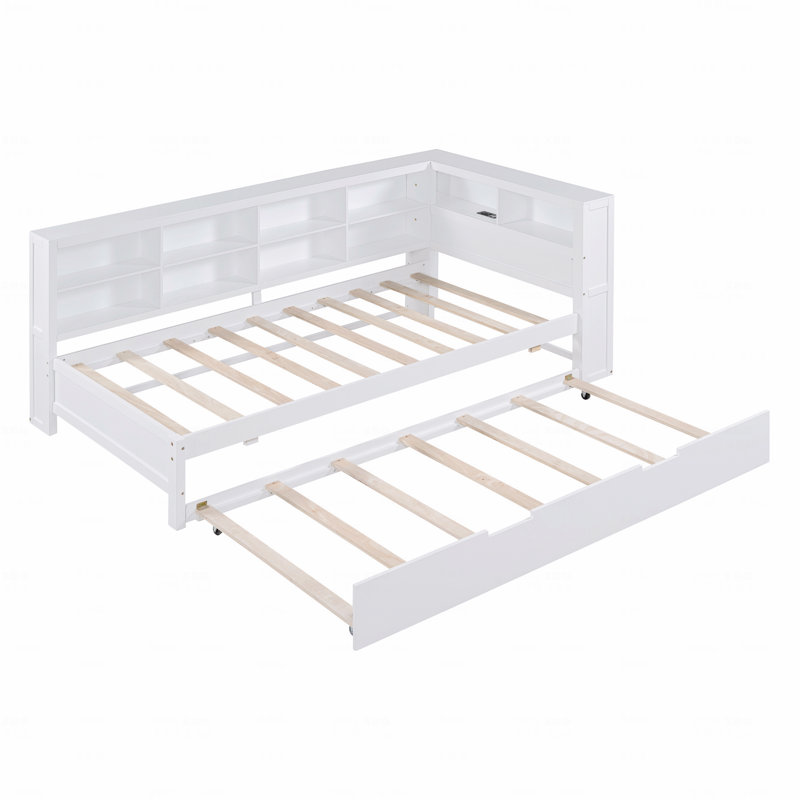 Lit de jour simple en bois avec lit gigogne simple, lit de jour avec tablette de rangement et ports de chargement USB