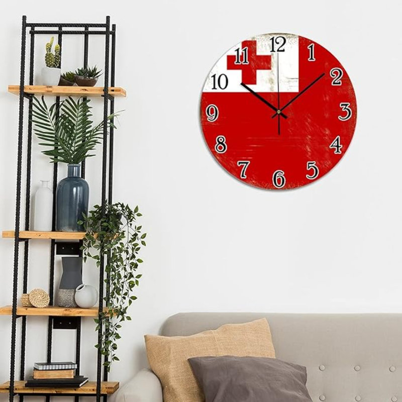 Horloge murale Tonga Drapeau Tonga PVC Home Decor Horloges murales Drapeau national Horloges murales patriotiques Horloge ronde silencieuse à piles pour la cuisine Chambre Bureau 12 X 12 po