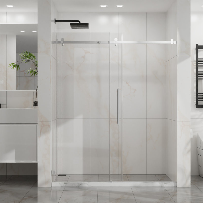 Frameless Shower Door, 60" W X 72" H Silent Sleek Sliding Glass Door, 1/4" (6Mm) Thick Tempered Clear Glass With Easy-Clean Coating, Heavy-Duty 304 Stainless Steel, Chrome