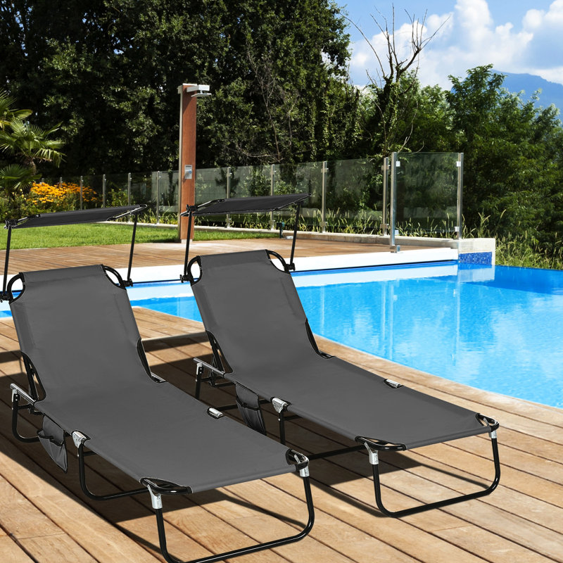 Chaise longue de patio avec auvent, gris foncé - Pliable inclinable pour la plage, la cour, la piscine, les chaises pliantes, le soleil, le parasol et le matériau respirant