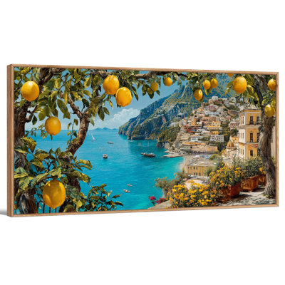  Extra Large Amalfi Coast Canvas Wall Art Framed, Lemon Orchard Sunset Italian Painting, Mediterranean Italy Wall Art, Serene Landscape Italian Wall Decor Picture for Living Room 48x24in