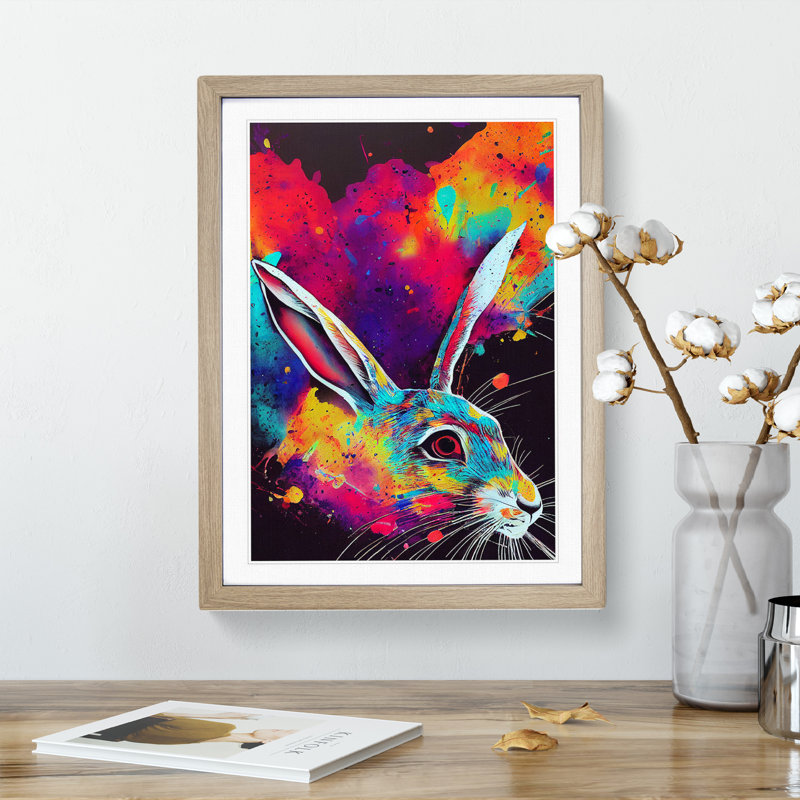 Paint Splashed Hare No.1 - Framed Print, 46cm H x 34cm W x 2cm D, Oak