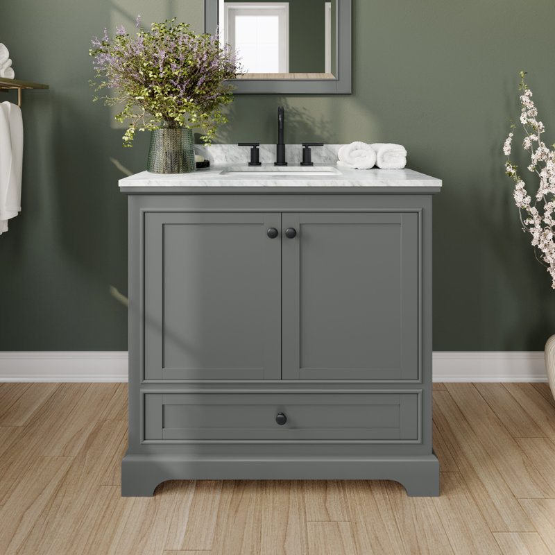 Deborah 36'' Single Bathroom Vanity with Marble Top, Matte Black, Dark Gray