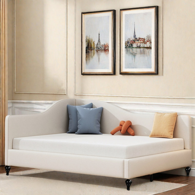 L-shaped Linen Daybed With Solid Wood Legs, Beige, Full