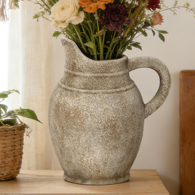 Rustic Stone-Finish Ceramic Pitcher Vase with Handle, Decorative Jug Vase