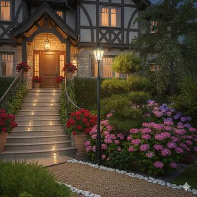 An 8-Foot Tall Solar-Powered Lamp Post Made From Waterproof Aluminum. It Features Automatic Operation With A PIR Motion Sensor And A Vintage Street Lamp Design For Gardens, Lawns, Pathways, And Driveways (Black Finish).