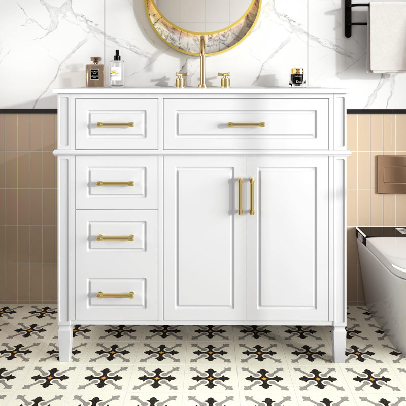 Meuble-lavabo avec poignées en métal doré, Blanc