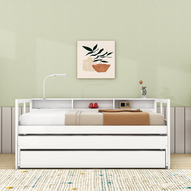 Lit de jour simple en bois TG avec double lit gigogne simple, chargement et rangement USB, Blanc