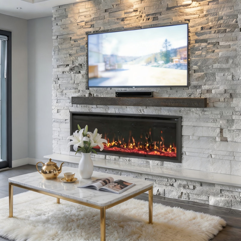 50" Wide Recessed and Wall Mounted Electric Fireplace - Linear 1500W Heater with Remote, 23.2" H X 50" W X 7.5" D