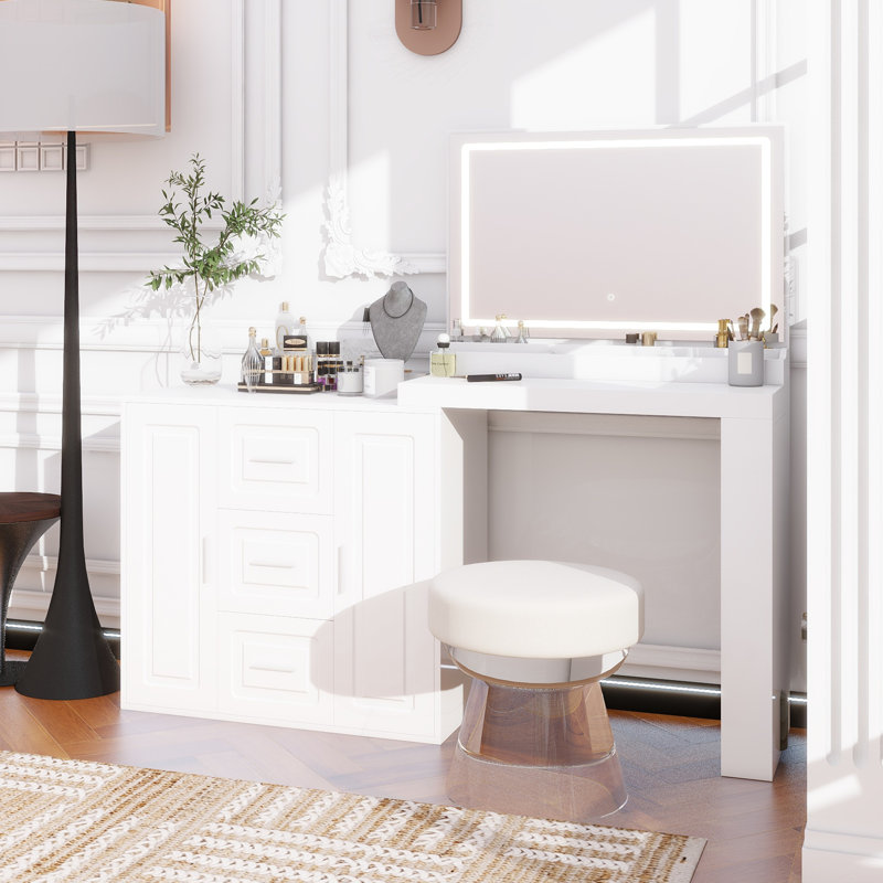 Bureau de coiffeuse 59 "avec miroir, miroir de coiffeuse avec lumières, coiffeuse avec 3 tiroirs et 2 armoires, coiffeuse avec tablettes de rangement pour la chambre à coucher, blanc