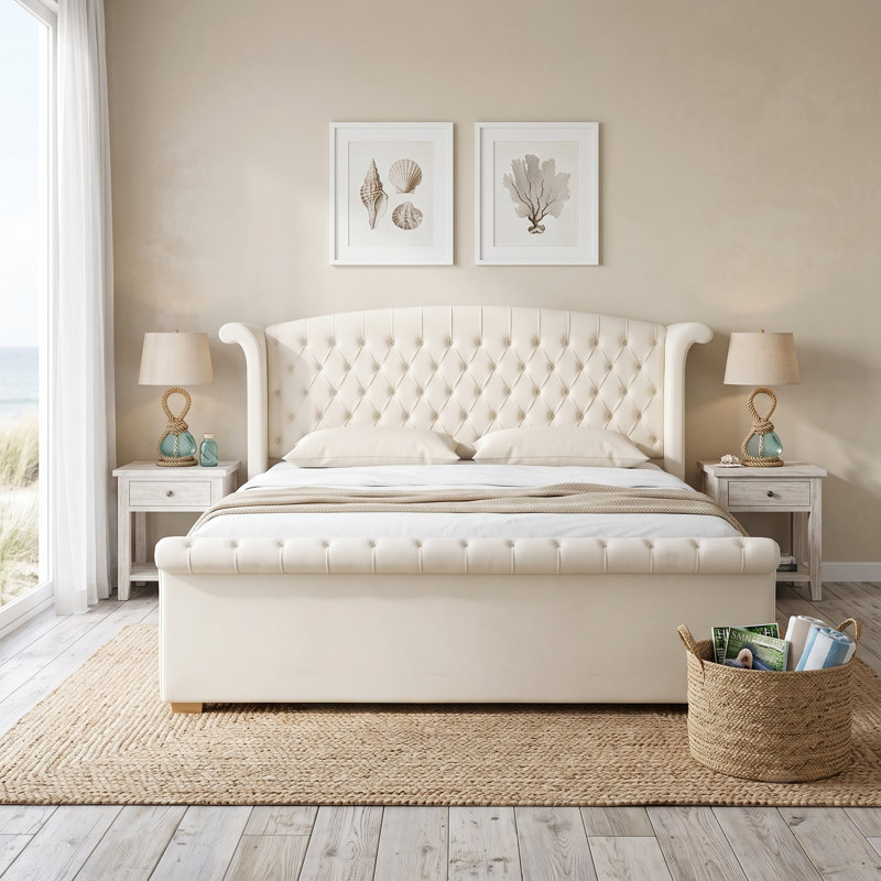 Traditional King Velvet Upholstered Sleigh Platform Bed with Wingback Tufted Headboard and 2 Storage Drawers, Cream, King