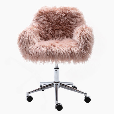 Modern Faux Fur Home Office Chair, Fluffy Chair, Makeup Vanity Chair With Plating Base by Everly Quinn