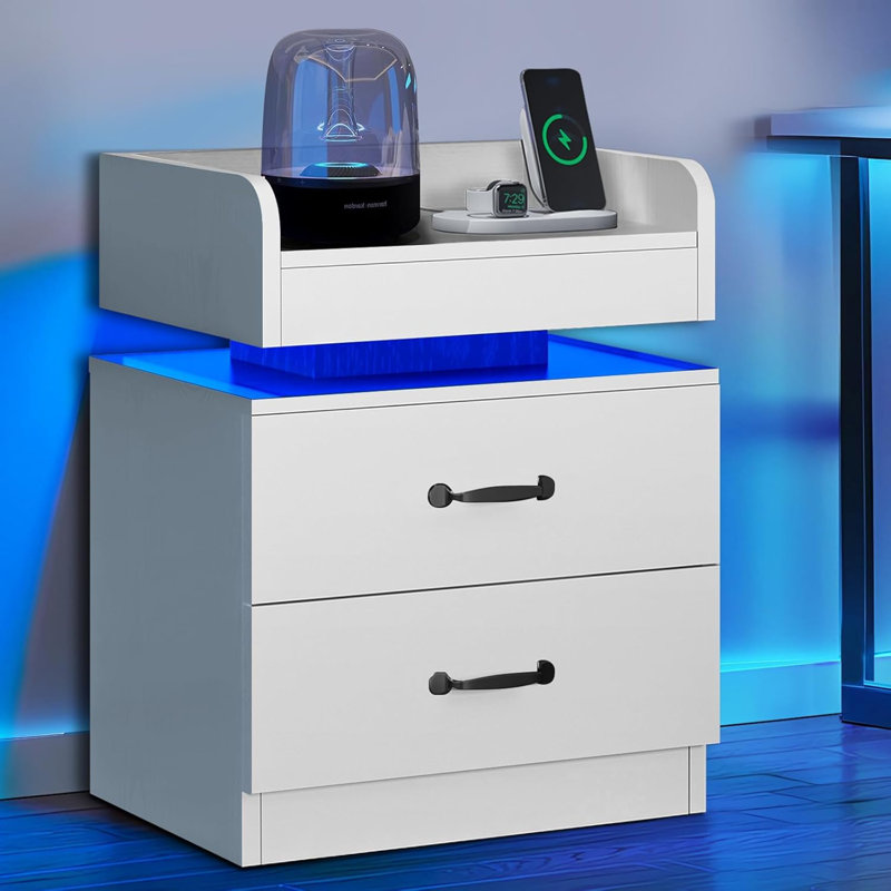 2 - Drawer Nightstand with Charging Station and LED Light,USB Ports and Outlets, White, Individual