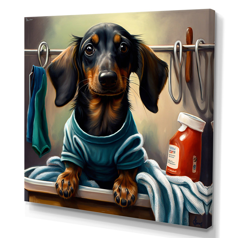 Dachshund Doing The Laundry II - impression sur toile tendue, L 16 po x H 16 po