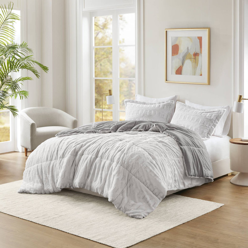 Gray Twin Reversible Faux Fur Bedspread Set