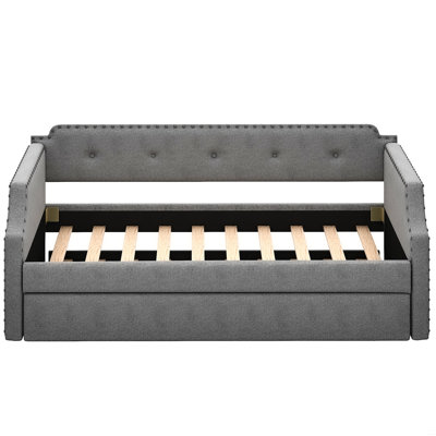 Upholstered Daybed With Trundle, Wood Slat Support,Upholstered Frame Sofa Bed , Twin