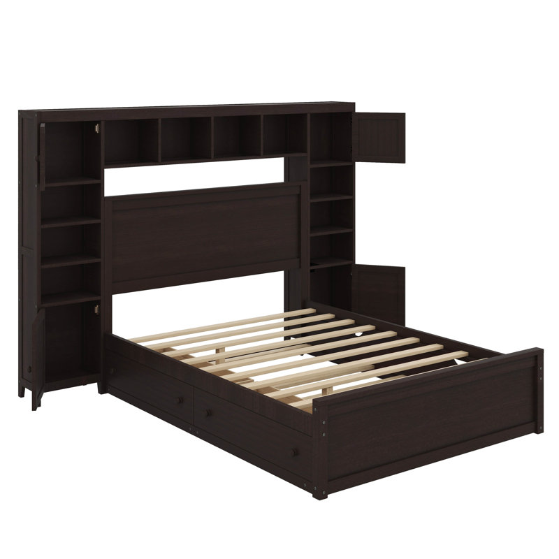 Grand lit en bois avec armoire, tablette et prises, lit gigogne simple TG, Espresso