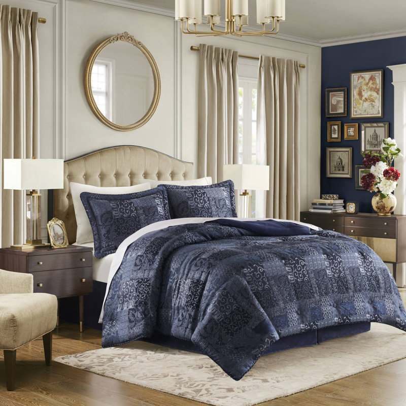 4 PCS Comforter Set Navy, King Comforter + 2 King Shams