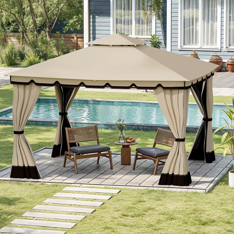 Outdoor 10 Ft. W x 12 Ft. D Soft Roof Gazebos Metal Patio Gazebo, Beige