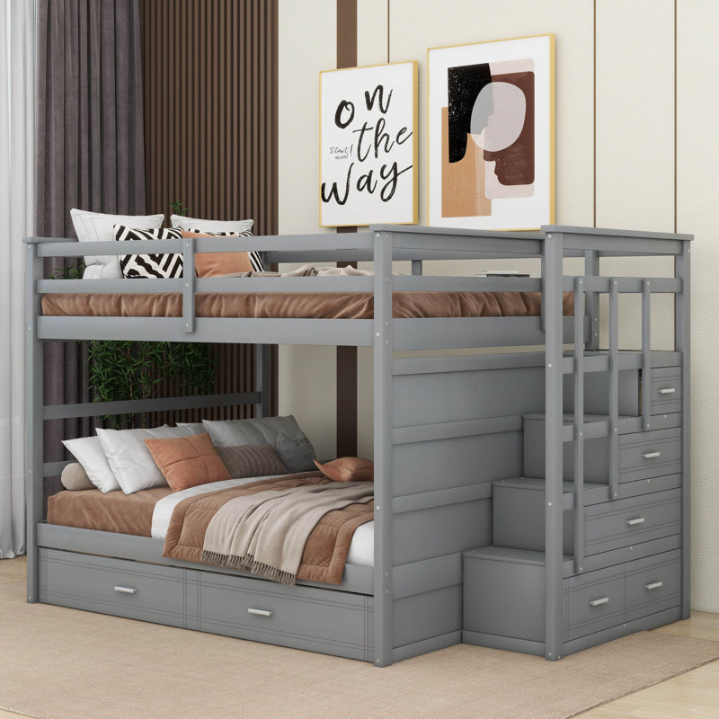 Hanli Full over Full Bed with Built-In Stairs , Trundle Bed Included, Gray