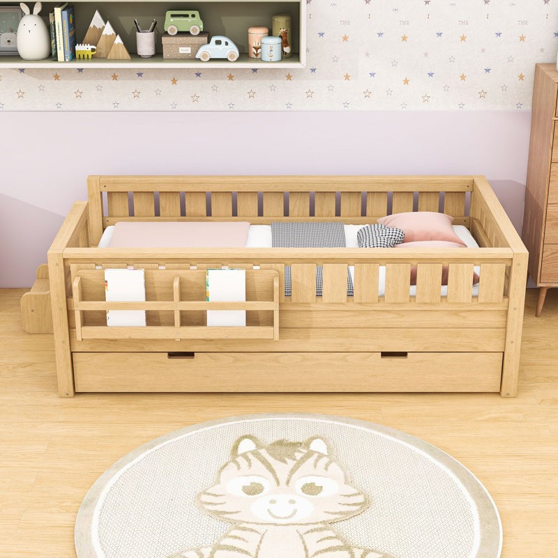 Lit plateforme en bois avec lit gigogne et petit escalier, Twin, Light Natural