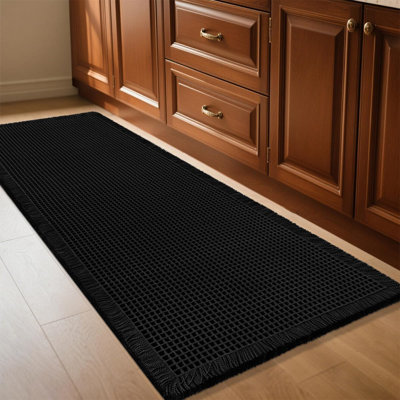 Waffle Bath Mat Black 4'x2', Boho Woven Modern Bath Mat Rugs, Absorbent Non Slip Bathroom Rugs, Soft Washable Bath Rugs with Tassels for Bathroom, Bedroom, Kitchen, Shower, Tub