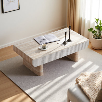 Table basse avec plateau en faux marbre, table basse moderne Mid-Century avec tiroir cannelé, table basse de salon