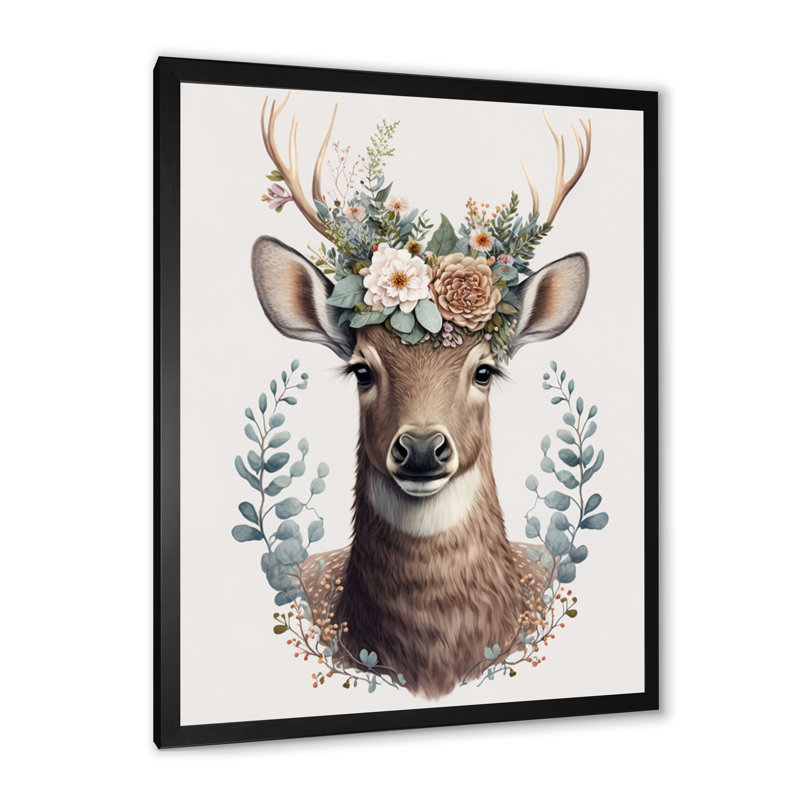 «Cute Baby Caribou with Floral Crown V - Floater Frame», impression sur toile, Toile avec cadre photo noir