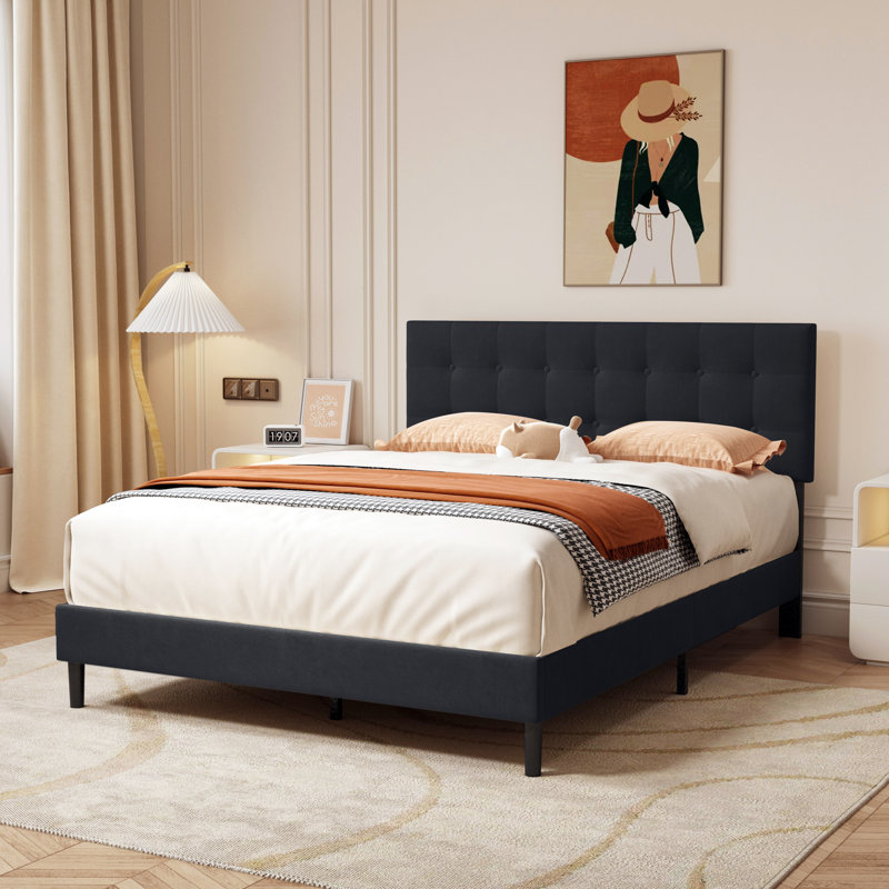 Modern Square Button Upholstered Platform Bed, Queen, Black