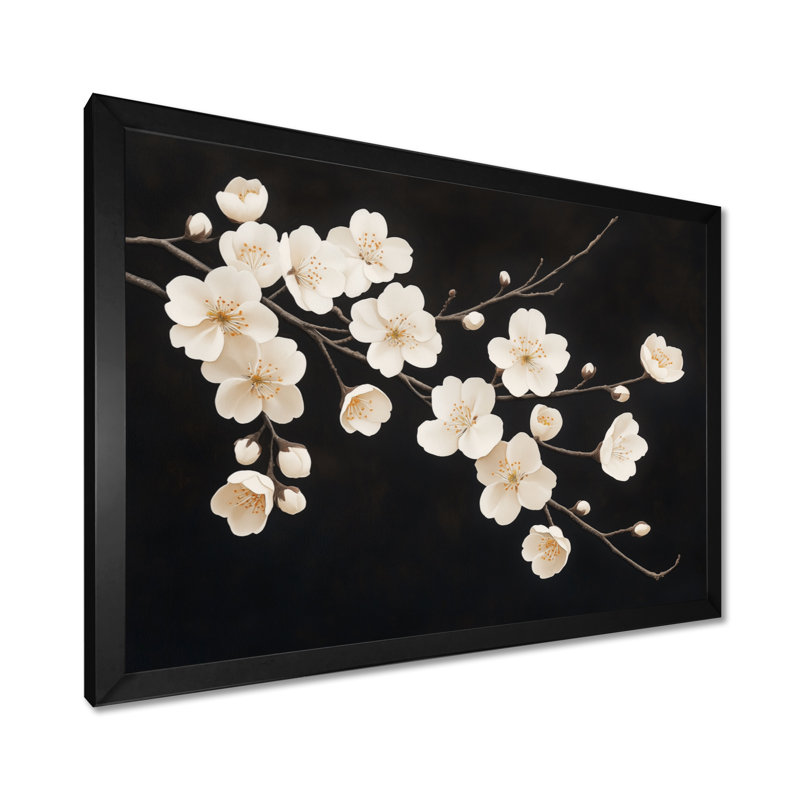 Nuit d'ivoire Bloom I - Décoration murale encadrée Fleurs de cerisier, 16" H x 32" W, Cadre photo noir