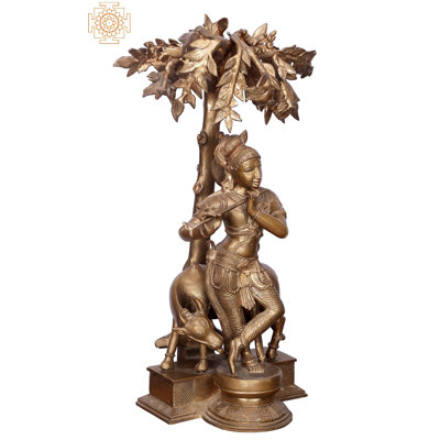 26" Krishna with Cow – Handmade Panchaloha Bronze Statue, Madhuchista Vidhana Lost-Wax from Swamimalai, Traditional Indian Spiritual Décor