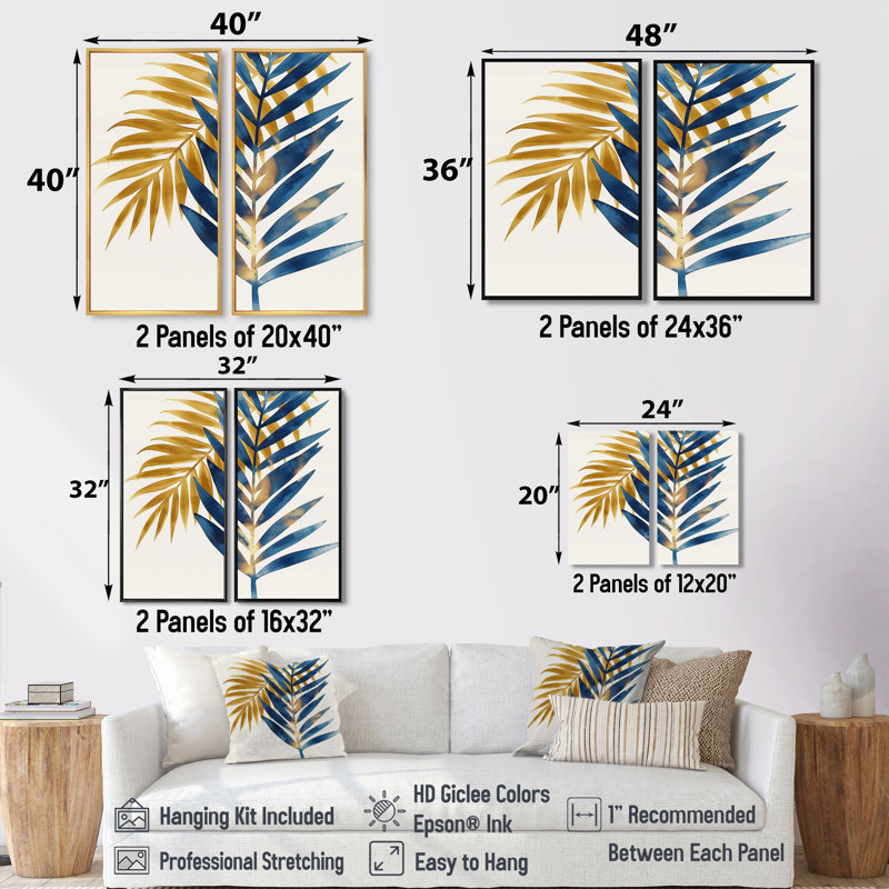 2 feuilles de palmier bleues et dorées - impressions sur toile traditionnelles bleues, 2 pièces, H 32 po x l 32 po, Doré