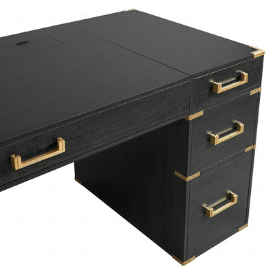 Très grand bureau de direction classique et traditionnel de 70 po avec bordure en métal, bureau d'écriture avec 2 tiroirs classeurs, ports et prises USB, bureau avec compartiment caché pour le salon, le bureau personnel, la salle d'étude