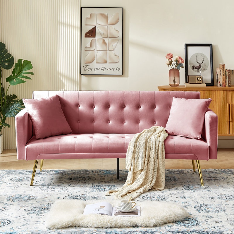Pink Velvet Convertible Futon Sofa Bed With Tufted Design & Gold Legs, Pink