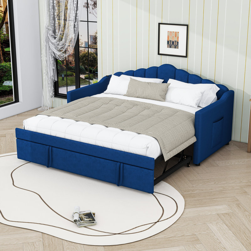 Twin Size Velvet Daybed with Twin Trundle, Charging Station