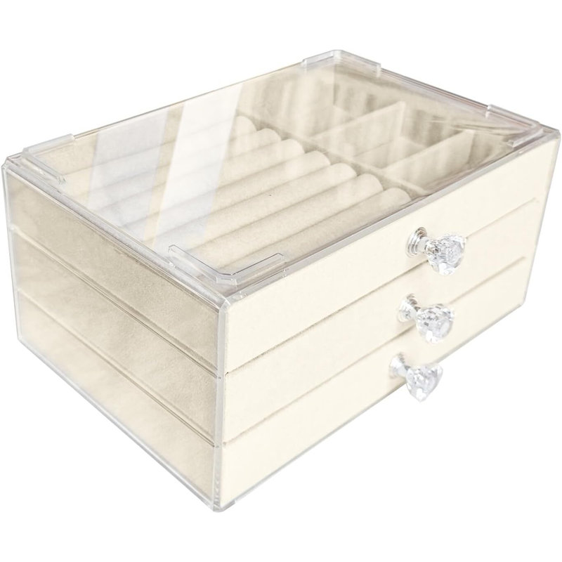 Boîte à bijoux à trois tiroirs en acrylique pour bagues et accessoires, Beige