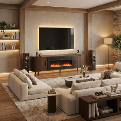 70" Walnut Fluted Fireplace TV Stand With Remote & Touch Control, Adjustable Flame Colors & Temperature, Entertainment Center With Storage For 80" Tvs, Modern Media Console For Living Room