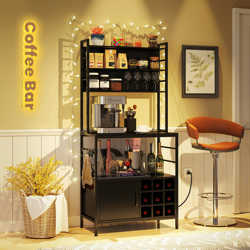 Bakers Rack Coffee Bar Cabinet W/ Heavy-Duty Metal Frame Black