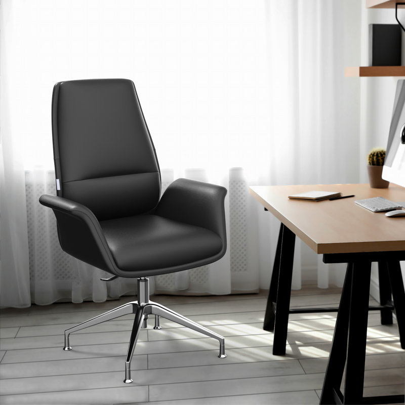 Orren Ellis Ingertha Modern Executive Leather Office Chair – Ergonomic Mid-Back Desk & Conference Seating with Fixed Arms, Swivel Base, and Adjustable Height 