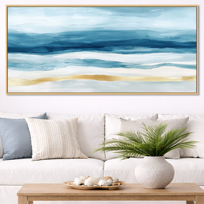 Art mural vague tropicale, toile océan or bleu, ondulations de plage tropicales bleues